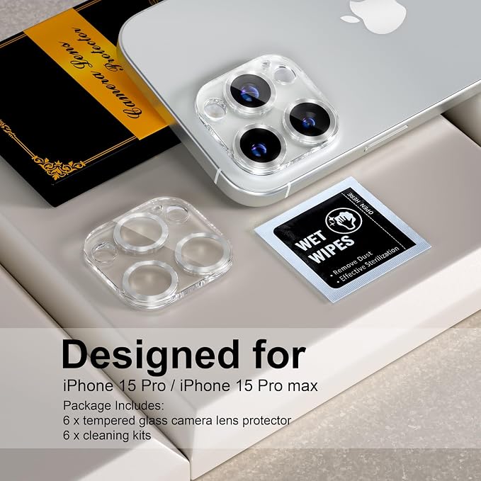 for 6 Pack iPhone 15 Pro/iPhone 15 Pro Max Camera Lens Protector [Drop Protection] [Case Friendly] [Easy Installation] 9H Tempered Glass Camera Screen Protector Cover, CD Silver - Image 2
