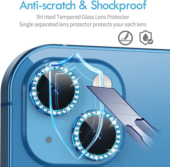 for iPhone 13/13 Mini Camera Lens Protector Bling Diamond, Blue | Individual Metal, 9H Hardness, Scratch Resistant, Shockproof, Drop Protection, Case Friendly, Stylish Accessories - Image 3