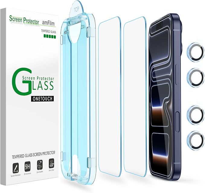 amFilm OneTouch for iPhone 17 Pro Max Screen Protector 6.9'' Tempered Glass | Auto-Alignment, 30s Install, Bubble Free, Scratch & Drop Protection, HD Clear, Camera Lens Protector, 2+4 Pack (17P-6.9'') by amFilm