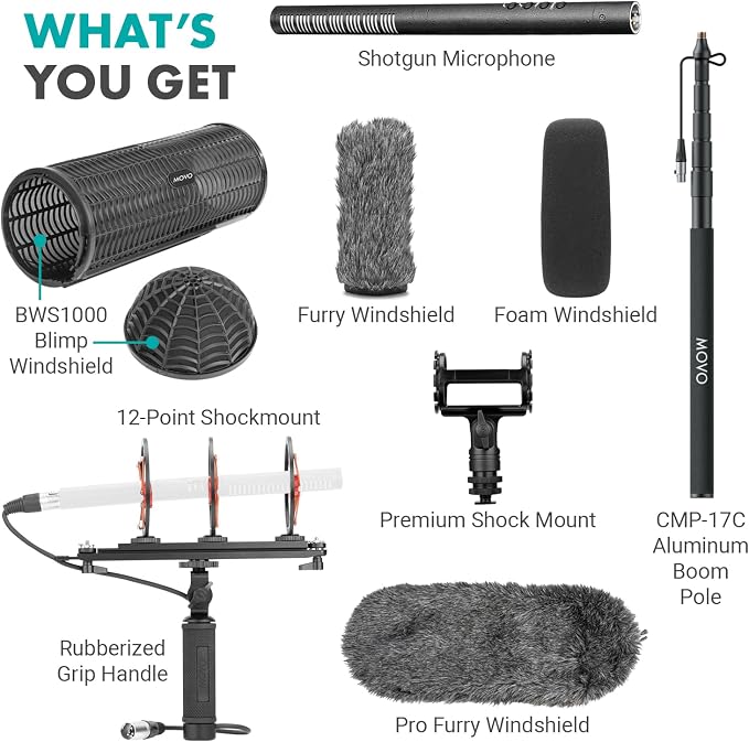 Movo Boom Mic Kit for Filmmaking – Supercardioid Shotgun Microphone, 9.8ft Boom Pole, Blimp Windscreen & Deadcat – Complete Location Sound Bundle - Image 7