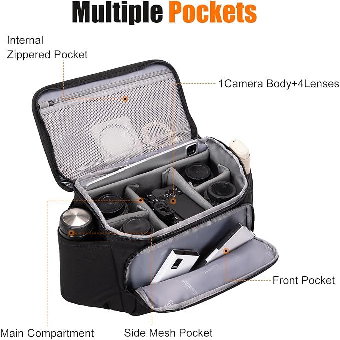 Cwatcun Camera Crossbody Shoulder Messenger Case, DSLR/SLR/Mirrorless Travel Photography Sling Bag with Tripod Holder and Rain Cover for Canon, Nikon, Sony, Fuji Cameras, Lens and Accessories | Fits 1DSLR+3 lenses+12.9" iPad+tripod. 18mm EPE foam, adj ... - Image 2