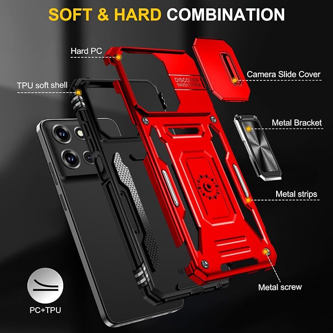 for Moto G 2025 Case with Screen Protector and with Camera Cover, 360°Military Grade Rotatable Kickstand (Heavy Duty) Shockproof Protective, Case for Moto G 2025 Red - Image 4