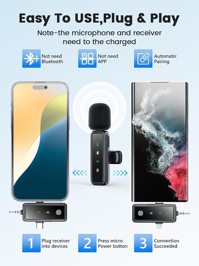 3 in 1 Wireless Lavalier Microphones for iPhone/Android/Camera, 2 Pack Mini Microphone LED Display Lapel Omnidirectional Mic with Mute/Reverb/Noise Reduction for TikTok/Podcast/Vlog Recording - Image 3