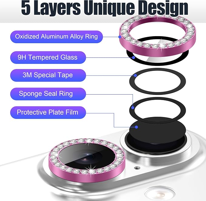 AGVEE 3+3 6 Pack for iPhone 17 Camera Lens Protector Cover | Individual Bling Diamond & Bling Glitter Sparkle Cute Gem Metal Ring, 9H Tempered HD Glass - Image 7