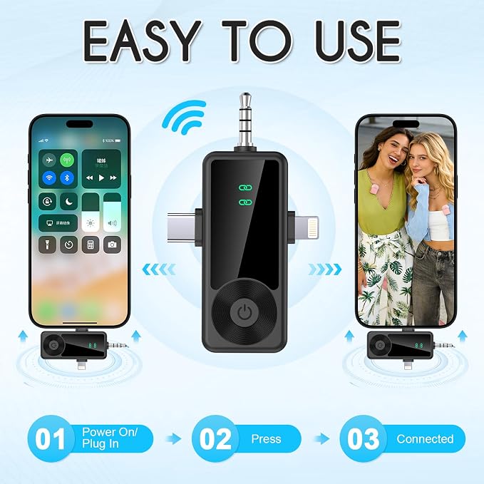 Mini Wireless Microphone for iPhone/Android/Camera, Noise Reduction | 3-in-1 Receiver, 2-Pack 20-Hour Battery Life Mini Lavalier Mics for Podcast, Content Creators, Recording, Vlogging, Streaming - Image 3