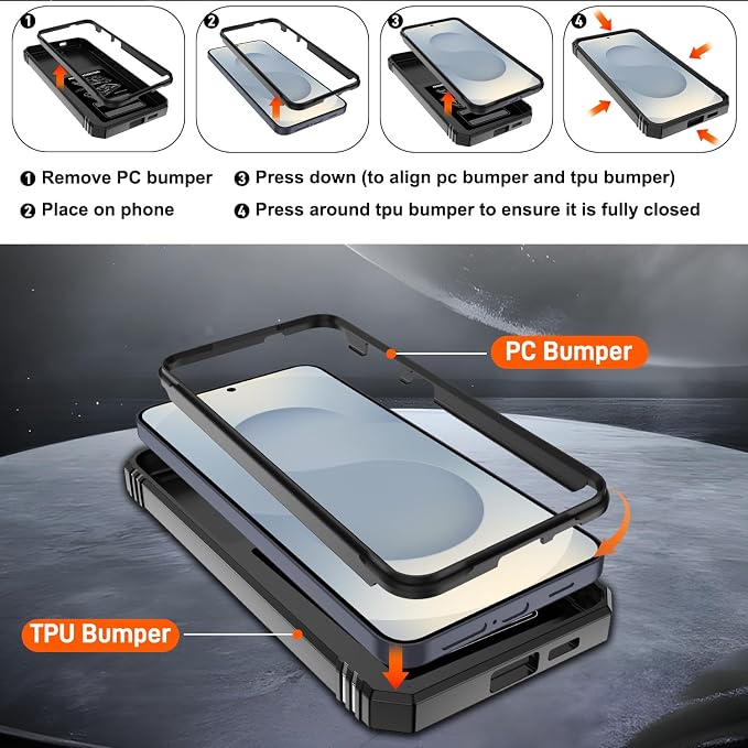 Gritup for Samsung Galaxy S25 Plus Phone Case with Slide Camera Cover | 2 Pack Screen Protector, Build in 360° Rotating Ring Kickstand, Military Grade Shockproof Protective Phone Case, Black - Image 4