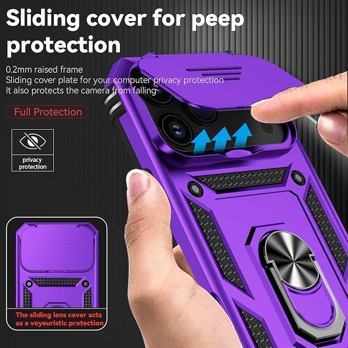 SunStory Phone Case for iPhone 17 Pro Max Case with HD Screen Protector & Slide Camera Cover & Rotated Ring Kickstand, [Military-Grade] Phone Case for iPhone 17 Pro Max, Purple - Image 3