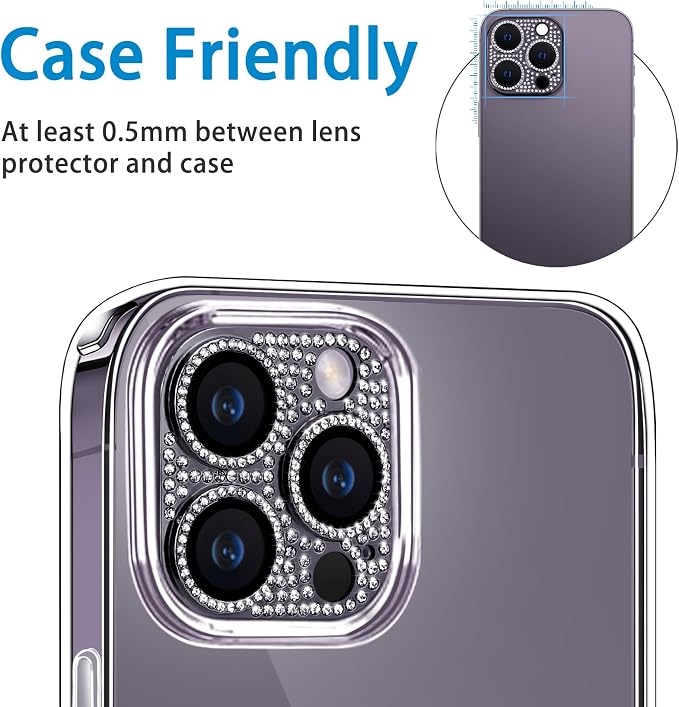 Designed for iPhone 14 Pro and 14 Pro Max Camera Lens Protector, Bling Rhinestone Sparkle Diamond 9H Tempered Glass Lens Cover Shockproof Full Protective Camera Cover, Purple - Image 4