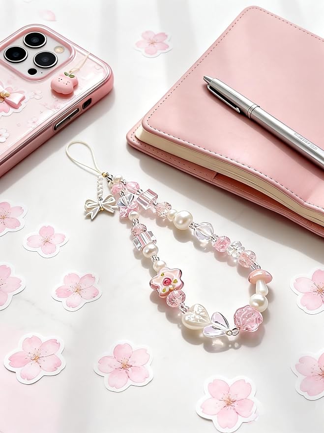 2 Pcs Phone Charm Strap Hand for iPhone Wrist Strap Camera Lanyard Pearl Beaded Cute Chain String Accessories Universal for iPhone 17 Pro Max 16 15 Samsung Women Girls Keychain Bow Flower Blue Flower - Image 6