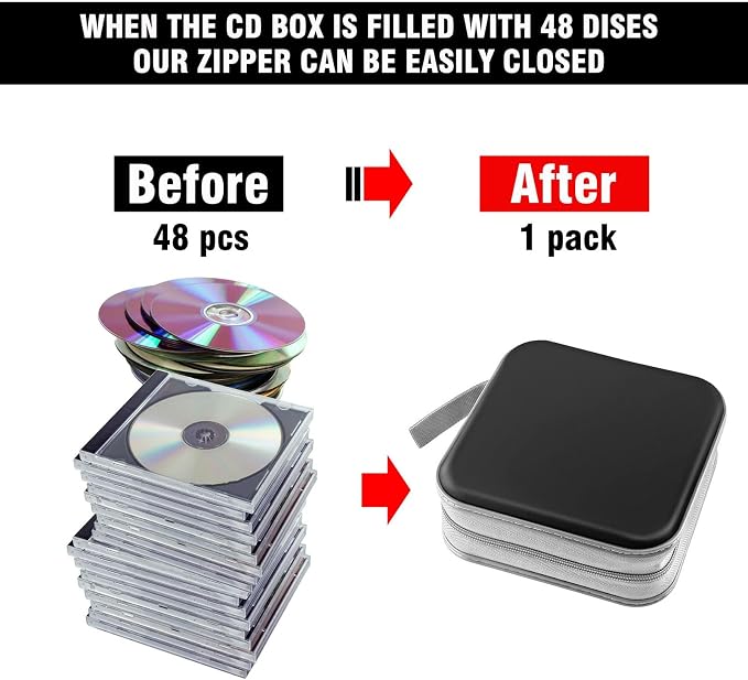 CD/DVD Case Wallet, 48 Capacity, Black, Plastic, Portable, Lightweight | Zipper‑DVD Organizer, Scratch‑Resistant Sleeves Shield Discs From Dust & Damp; Stores Music, Video, Gaming & Blu‑ray Discs - Image 4