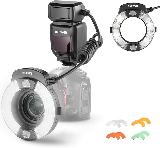 NEEWER RF1-S Marco Ring Flash Light Compatible with Sony Camera, 76Ws GN15 5600K TTL Lighting, 1-1/128 Output Front/Rear Curtain Sync Color Gels Lens Adapter Rings for Macro Photography Studio Photo by Neewer