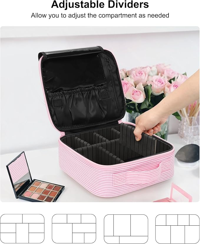 Relavel Travel Makeup Train Case, Portable Cosmetic Case Makeup Organizer, Professional Artist Storage Bag with Adjustable Dividers for Cosmetics Brushes, Birthday Gifts for Girls, Pink Stripe - Image 2