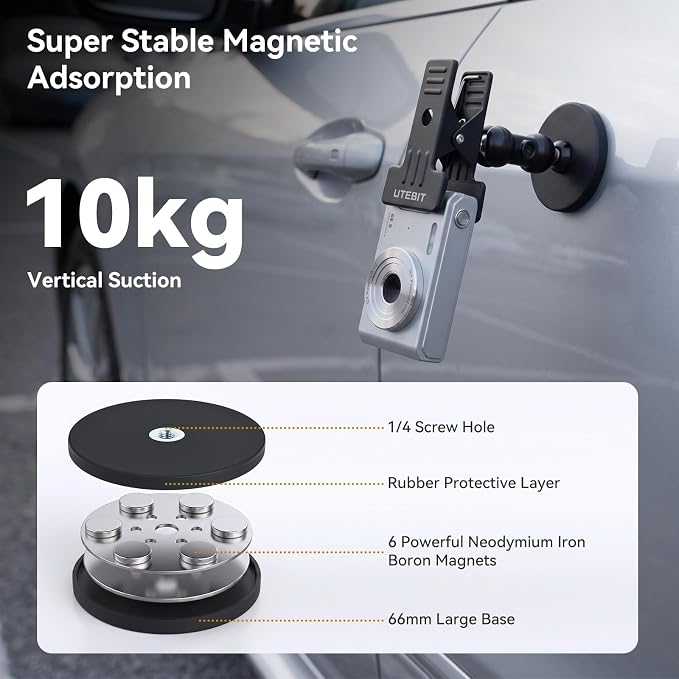 UTEBIT Dual Ball Head Cameras Clip for GoPro, with 1/4'' Swivel Mount | 66mm Strong Magnetic Base with 360° Dual Ball Heads for Studio Backdrops, Video Lights, Photography Accessories Clamp, Black - Image 5