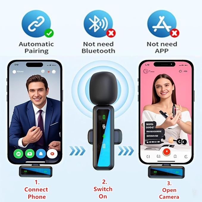 Wireless Lavalier Microphone for iPhone - iPad, Android Phone Computer, Mini Microphone for Live Streaming, Video Recording, Outdoor or Indoor Interviews, YouTube, TikTok, Vlog (Black) - Image 2