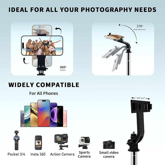 74" Selfie Stick Phone Tripod for iPhone Android Pockte3/4 Insta360 Camera | Extendable Cell Phone Tripod w Wireless Remote, 360° Rotatable Portable Travel Tripod Stand for Video Recording & Vlogging - Image 2