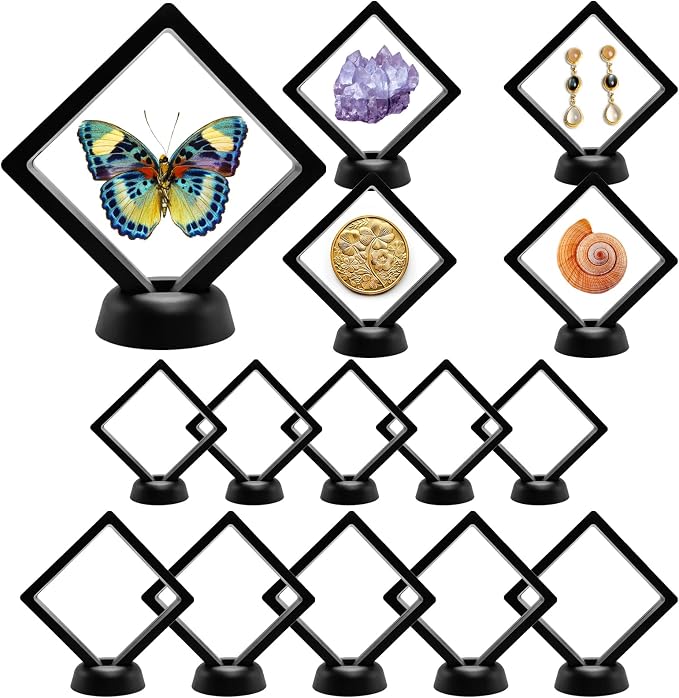 3D Floating Frame Display Cases, 10Pcs Transparent PE Film Jewelry Storage Box with Base Challenge Coin Display Frames Holder Stands Small Shadow Box Frame for AA Medallions Medal, Rock, Ring Necklace by Onfunlee