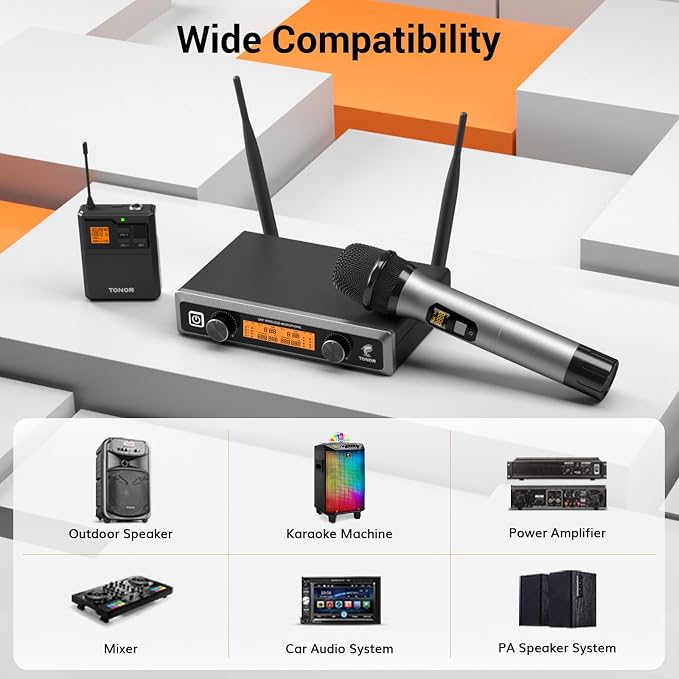 TONOR Wireless Microphones System with Metal 1 Cordless Mic and 1 Headset/Lapel/Lavalier Mic, Bodypack Transmitter, Receiver for Karaoke Church Singing Party PA Speaker, 2*15 Channels 60 m/200ft Range - Image 7