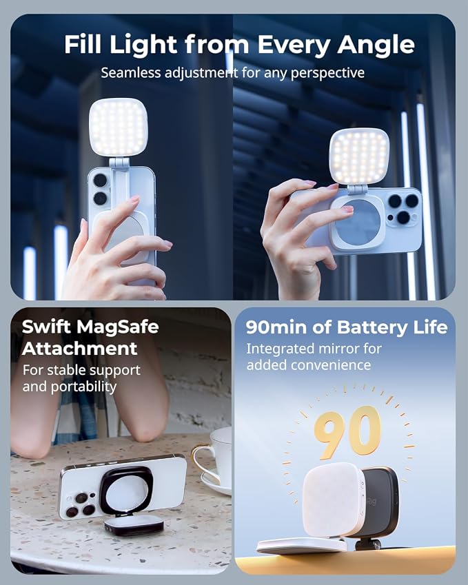 SmallRig Magnetic Selfie Light for iPhone, Phone Light with a Mirror | Instant Attachment for MagSafe, for Selfies, Video Conference, Vibe P48 Black - Image 2