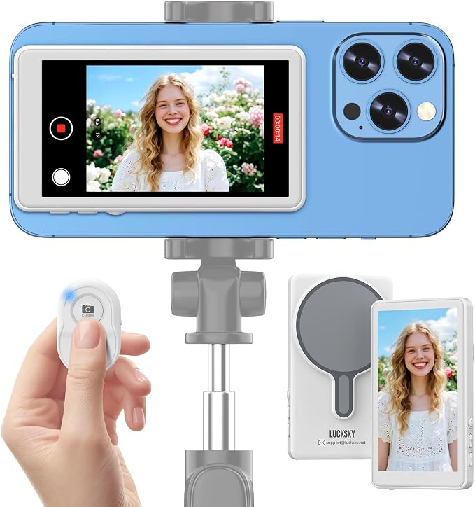 Vlog Selfie Monitor Screen iPhone, Screen Mirroring with Remote Control | 4K 60fps Recording, Magnetic Fixation, 180° Rotation, 3 Levels of Brightness, Compatible with iPhone & Android by Unknown