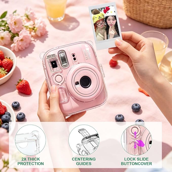 Clear Camera Case for Fujifilm Instax Mini 13, Pink Camera Strap | Protective Cover with Anti-Accidental Shutter, 4 Composition Cards, Photo Storage Holds 10 Films,Clear Hard Shell, No Camera - Image 7
