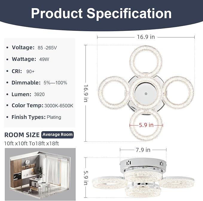 Modern Ceiling Light, 5 Rings 16.9'' Dimmable LED 49W Flush Mount Ceiling Lights with Remote Acrylic Crystal Round Ceiling Light Fixture, Bedroom Living Room Dining Room, Chrome - Image 3