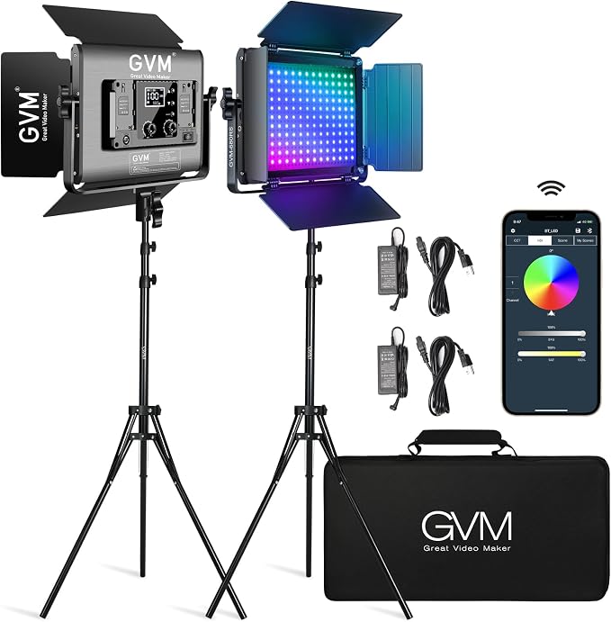 GVM RGB LED Video Light with Lighting Kits, 680RS 50W Led Panel Light with Bluetooth Control, 2 Packs Photography Lighting for YouTube Studio, Video Shooting, Gaming, Streaming, Conference by GVMGreatVideoMaker