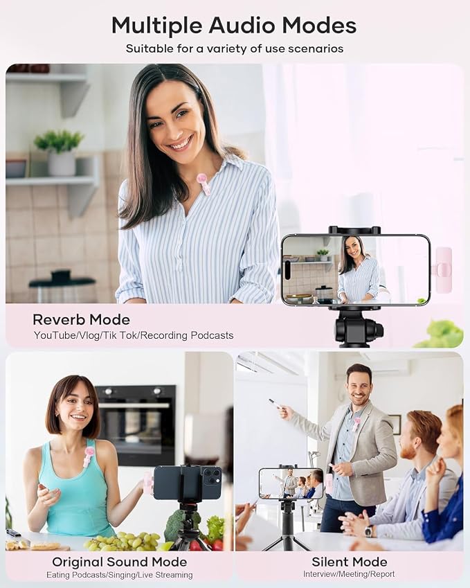 Wireless Lavalier Microphone for iPhone iPad and Android Phone, 2 Pack Lapel Mic Plug and Play Wireless Mic Noise Reduction Microphone for Video Recording Interview Podcast Vlog YouTube Tiktok (Pink) - Image 3