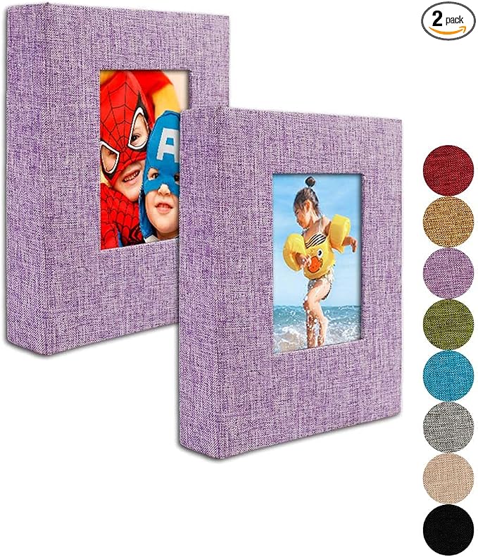 GPIRAL Small Photo Album 5x7 – 2 Pack, Each 26 Clear Pages Hold 52 Pictures. Album for 5x7 Pictures, Artwork, Drawings, Linen Cover with Front Window, Lilac Purple Fabric by GPIRAL