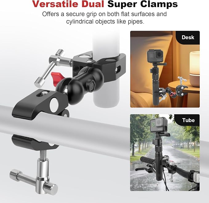 Double Super Clamp Camera Mount with Magic Arm, Aluminum Double Clamp Mount Umbrella Holder for Desk, Studio Light/Boom Stand, Photography Reflector, Cross Bars, Bike/Motor Handlebars (SY004) - Image 2