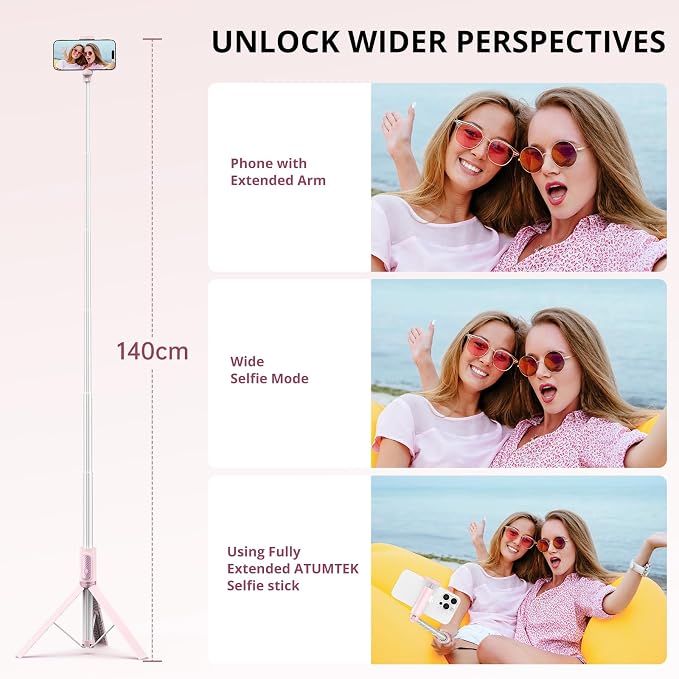 ATUMTEK 55" Selfie Stick Tripod, All-in-one Extendable Aluminum Phone Tripod with Rechargeable Bluetooth Remote for iPhone and More, Fitting 4.7-7 inch Smartphones, Pink - Image 5