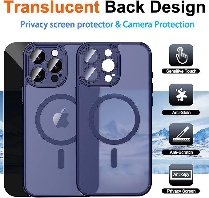 for iPhone 14 Pro Case with Privacy Screen Protector, Blue | Full Camera Protection, Translucent Matte Magnetic, Compatible with MagSafe, Shockproof Phone Cover, Slim Fit - Image 2