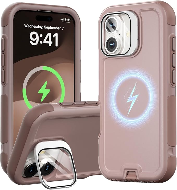Follaroma Magnetic for iPhone 17 Case with Camera Cover Stand, Light Brown | Built-in Glass Camera Cover Stand,Compatible with MagSafe,Heavy Duty Shockproof Protective,Military-Grade Anti-DropDual Case by Follaroma
