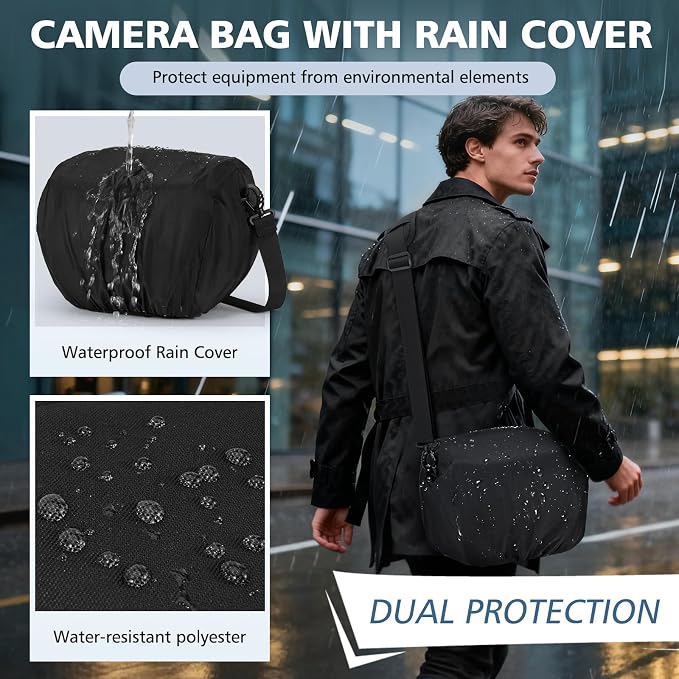 RAINSMORE Camera Bag, DSLR/SLR/Mirrorless Camera Sling Bag for Photographers Waterproof Small Camera Case with Tripod Holder & Rain Cover Camera Crossbody Bag for Canon/Nikon/Sony/Fuji, Black - Image 4