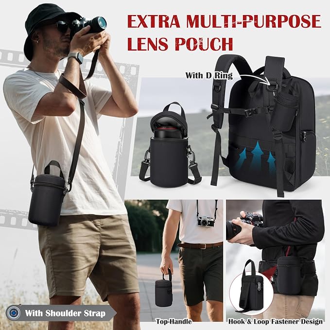 SDYSM Camera Backpack, Hardshell DSLR/SLR Camera Bag with Lens Pouch & 15.6" Laptop Compartment Waterproof Camera Case with Rain Cover Photography Backpack Compatible for Canon/Nikon/Sony/Drone Black - Image 7