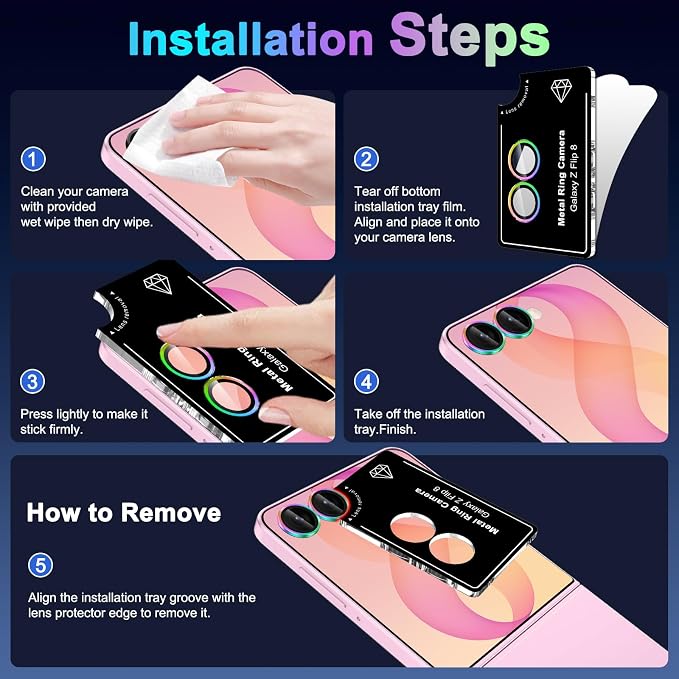 Meshine for Samsung Galaxy Z Flip 8 Camera Lens Protector,Scratch Proof,Strong Adsorption,9H Hardness with Metal Ring Camera Cover,Ultra Thin Case Friendly,Accessories Lens Protector,Colorful - Image 8