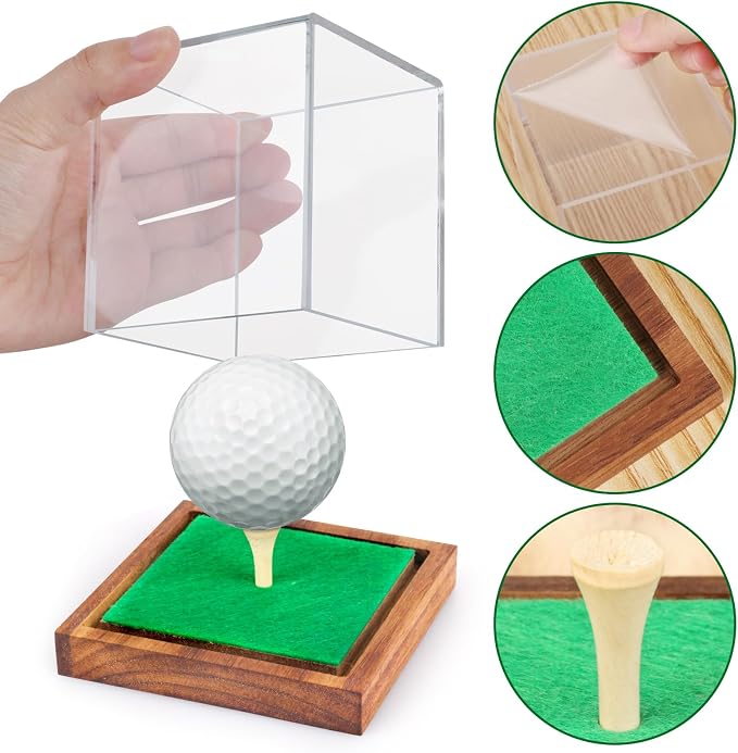 2 Pack Clear Acrylic Golf Ball Display Case with Wood Base & Tee, Memorabilia Stand Cube Holder, Dust Protection Transparent Storage Box for Single Ball Souvenir Golfball Collections - Image 6