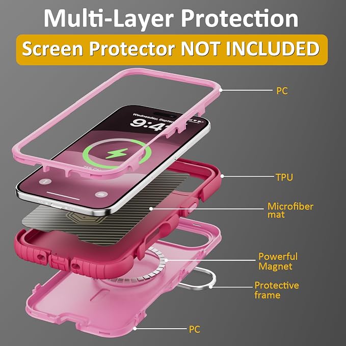 Follaroma Magnetic for iPhone 17 Air Case with Camera Cover Stand,Pink,6.5" | Built-in Glass Camera Cover Stand,Compatible with MagSafe,Heavy Duty Shockproof Protective,Military-Grade Anti-DropDual Case - Image 6