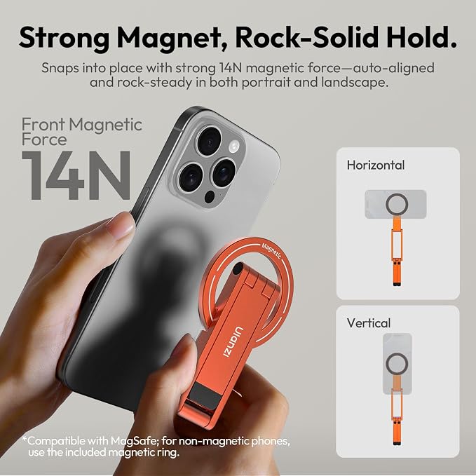 ULANZI MA60 Phone Tripod for Magsafe, Aluminium Mini Phone Stand Orange | Pocket Size Cell Phone Stand, Foldable Selfie Stick for iPhone, Strong Magnet Quick Mount for iPhone 16 15 14 13 12 - Image 4