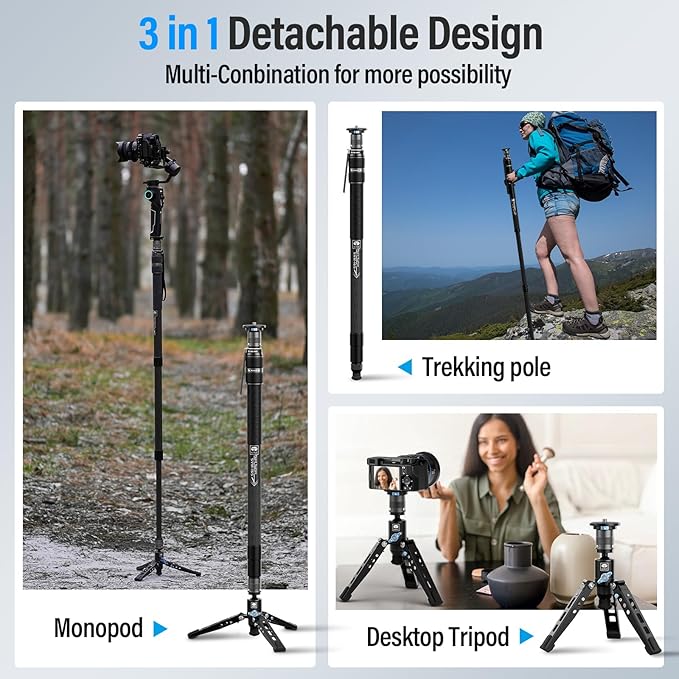 SIRUI SVM-165 Carbon Fiber Rapid Monopod, One-Step Height Adjust, 65" | 22LB Load, Monopod with Feet, Modular 3-in-1, Lightweight, DSLR, Mirrorless Camera, Travel, Outdoor - Image 5