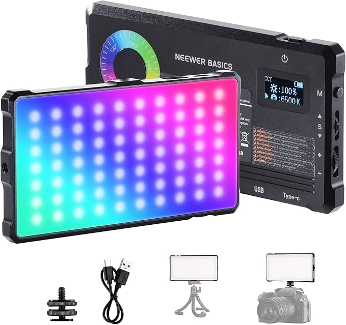 NEEWER Basics RGB Video Light, 9W 2700K-7500K Portable Full RGB Colors 17 Scenes CRI97, 4000mAh Rechargeable Metal Small LED Camera Panel Lighting for DSLR Tripod Streaming Video Recording, SL90C by Neewer
