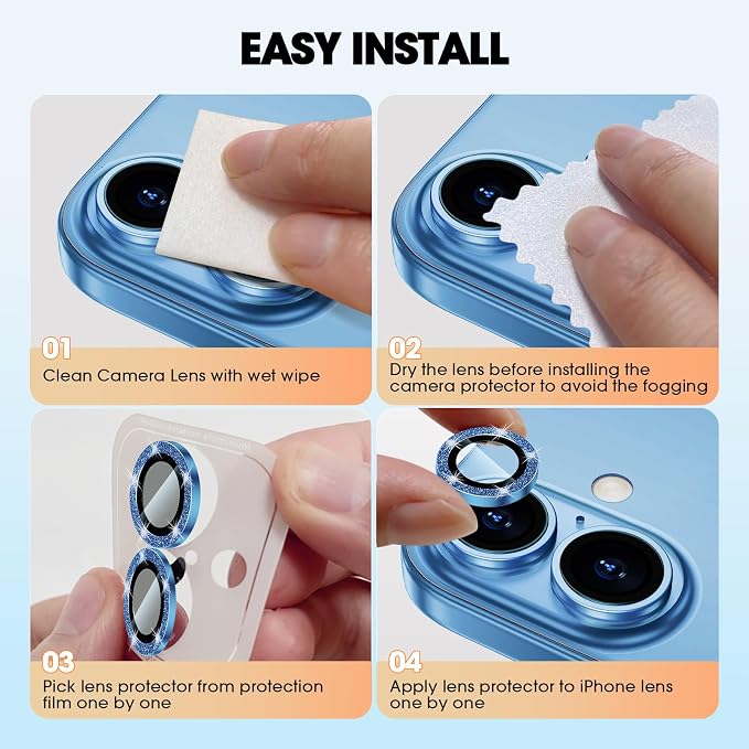 for iPhone 16/16 Plus Camera Lens Protector Bling Glitter, Blue | Individual Metal, 9H Hardness, Scratch Resistant, Shockproof, Drop Protection, Case Friendly, Stylish Accessories - Image 7