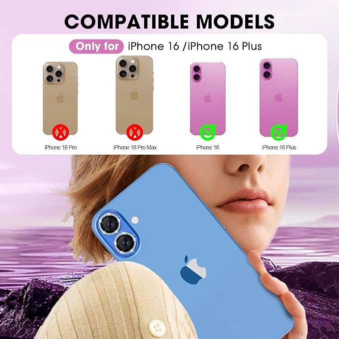 for iPhone 16/16 Plus Camera Lens Protector Bling Diamond, Blue | Individual Metal, 9H Hardness, Scratch Resistant, Shockproof, Drop Protection, Case Friendly, Stylish Accessories - Image 2