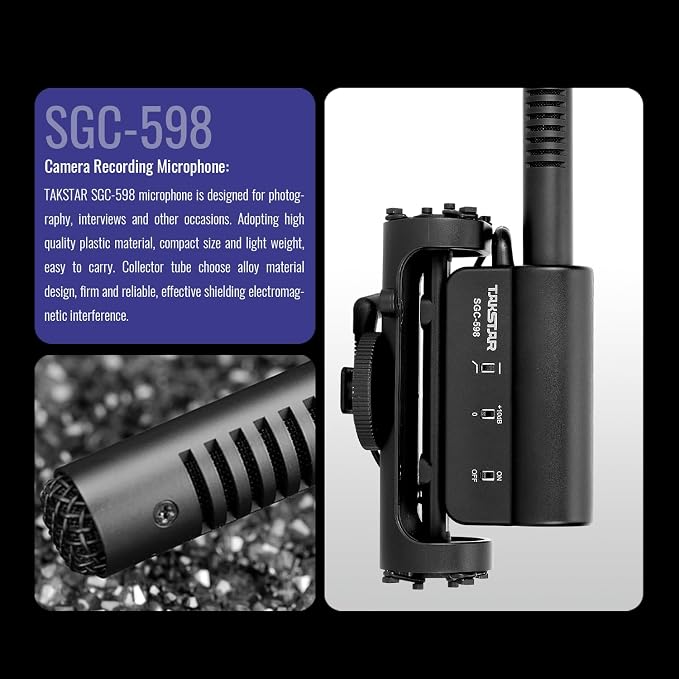 TAKSTAR SGC-598 3.5mm Cardioid Shotgun Microphone for Camera | Cardioid Condenser, +10dB Gain, 200Hz Low-Cut, Shock-Resistant - Image 2