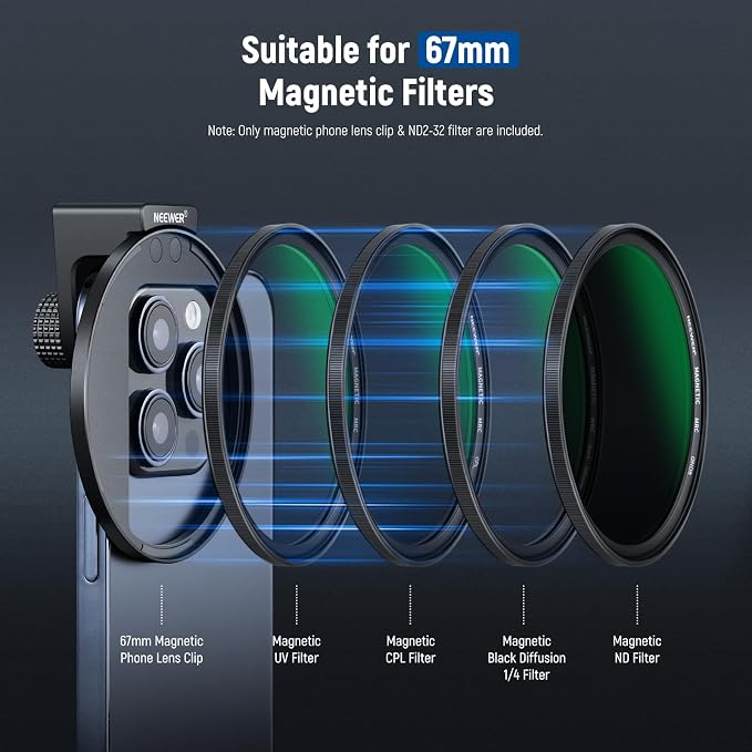 NEEWER 67mm Clip On Variable ND2-ND32 Phone Lens Filter Kit, Phone Clip with Magnetic Adapter Ring/Cold Shoe/Locking Knob, HD Magnetic ND Filter for iPhone 15 Pro Max 14 13 Galaxy S22 S23 S24 Ultra - Image 7