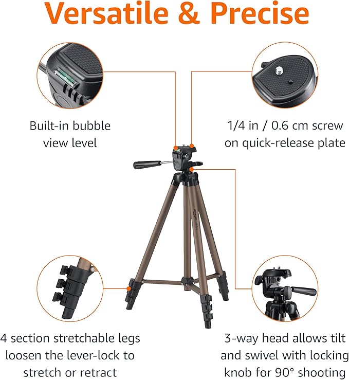 Amazon Basics 50-inch Lightweight Portable Camera Tripod Stand with Quick-Release Plate, Adjustable Height, Aluminum, for Travel Photography, Champagne - Image 2
