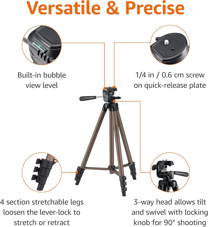 Amazon Basics 50-inch Lightweight Portable Camera Tripod Stand with Quick-Release Plate,Adjustable Height,Aluminum,for Travel Photography,Champagne,(Pack of 10) - Image 2