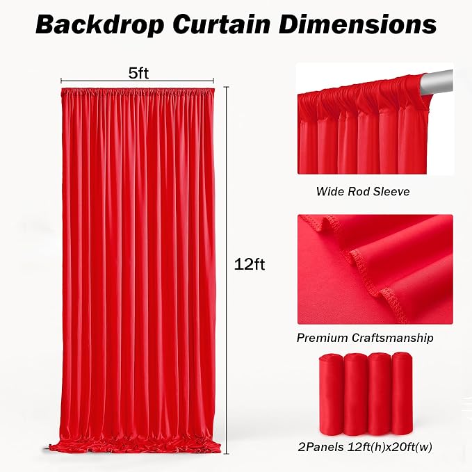 20x12 ft Red Backdrop Curtains for Weddings Parties, Birthdays and Photos | 4 Panels 5x12 ft, Wrinkle-Free Polyester Drapes, Washable, Ironable, 4 in Rod Pocket for Baby Showers Photography Background - Image 5