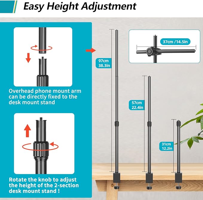 Camera Desk Mount Webcam Stand with Overhead Articulating Magic Boom Arm 1/4" Ball Head for DSLR Tripod, Adjustable Light Stand, Tabletop C Clamp for Ring Light Photo Video Shooting Live Streaming - Image 6