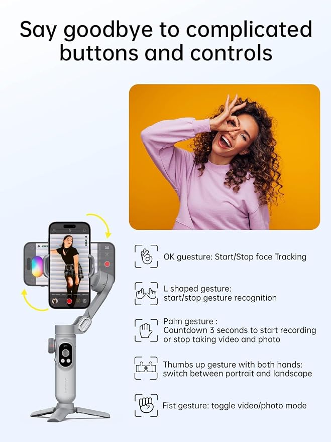 AOCHUAN iPhone Gimbal, 3-Axis Gimbal Stabilizer for Smartphone w/RGB Magnetic Fill Light Portable with Fous/Zoom Wheel for Vlog, Compatible with iPhone 15 Pro Max/Android-Smart X Pro Kit Gray - Image 4