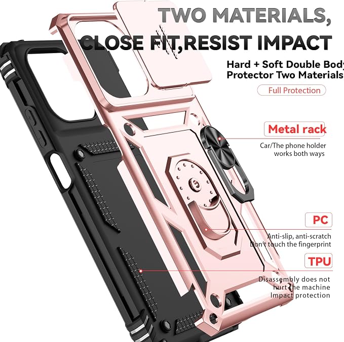 for Motorola Moto G 2025 / Moto G 2026 / Moto G Play 2026 Case, with Slide Camera Cover HD Screen Protector [Military Grade 16ft. Drop Tested] Ring Holder Kickstand Protective Phone Case, Rose Gold - Image 8